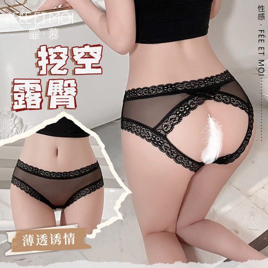 Simple Love Lace Trim Open Back Sheer Panty